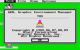 [Screen-shot: GEM desktop TOS information dialog]