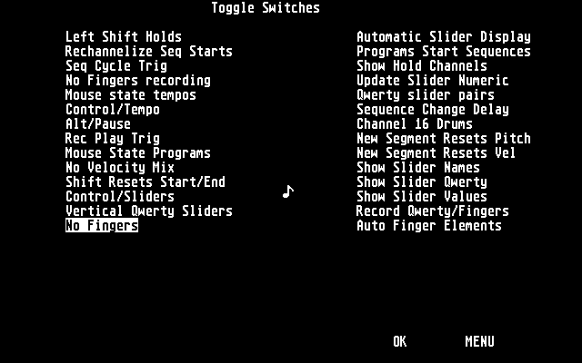 The TOGGLE SWITCH screen