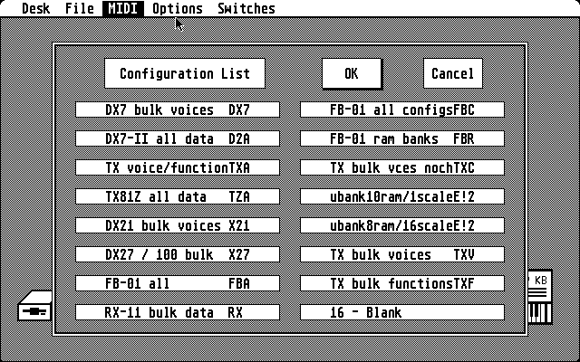 Gen Patch Configuration screen showing TX81Z setups.